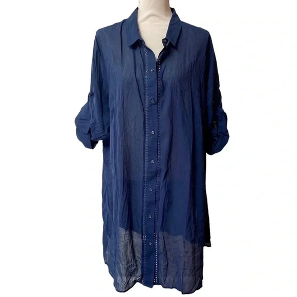 Lands’ End Navy Cotton Tunic Coverup 1X 2X Embroidered Button Front Beach - Picture 1 of 15
